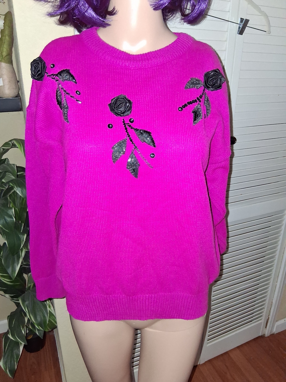 True Vintage Beautifully Mine Fuchsia Beaded Rose Sweater